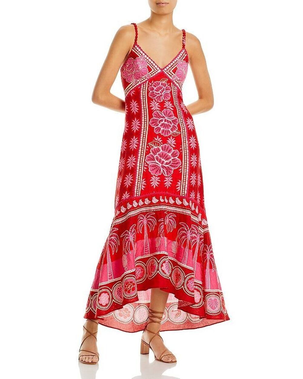 Farm Rio Dress Womens XL Linen Red Pink Summer Sunrise Tank Maxi